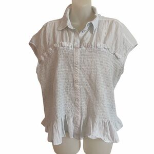 Pilcro Anthropologie Shirt Blue Cotton Smocked Cap Sleeve Button Down Top XL